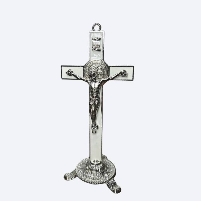 Crucifixo de Mesa Prata com Branco
